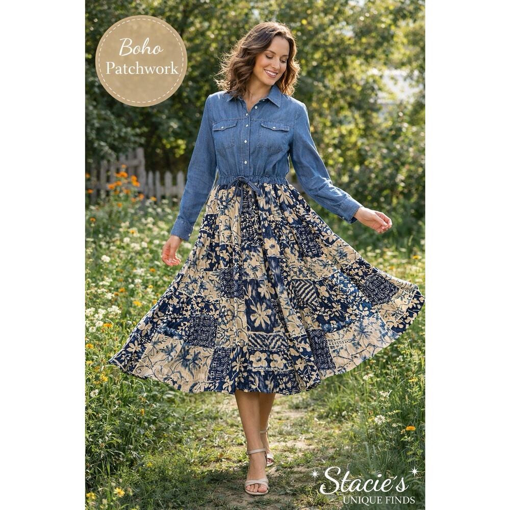 Vintage Denim Patchwork Midi Dress Boho Button Front Size L XL Cottagecore